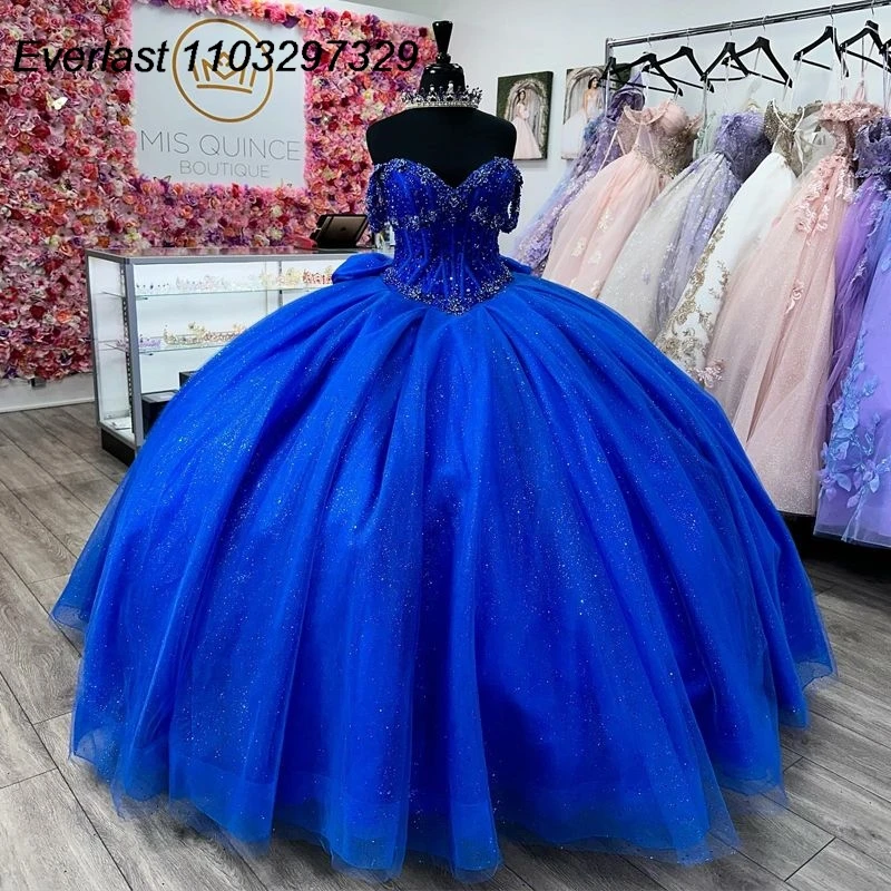 

EVLAST Royal Blue Quinceanera Dress Ball Gown Lace Applique Sequins Beading Corset Mexico Sweet 16 Vestidos De XV 15 Anos TQD650