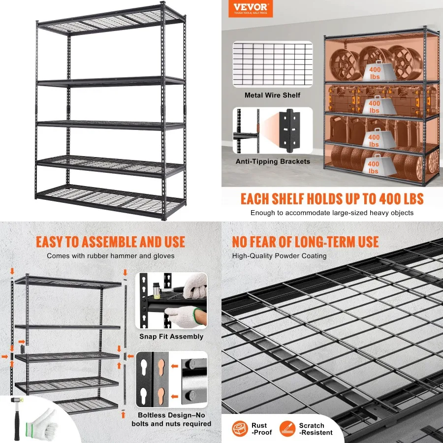

Счетчик для хранения, 5 уровней, регулируемая емкость 2000 фунтов, сверхмощные гаражные листы, металлический органайзер, проволочная полка, черный, 60 дюймов, длина x 24 дюйма, шт.