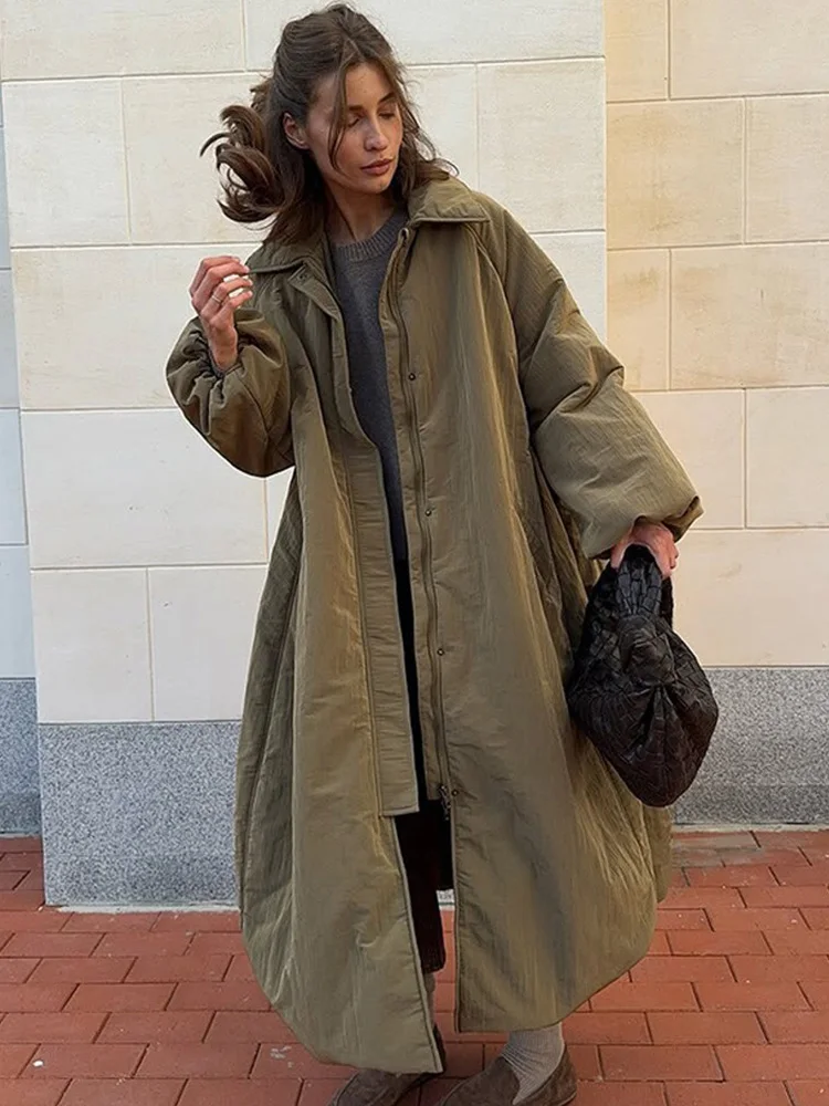 HH レディース ルーズ ターンダウンカラー コート 無地 ポケット付き 女性用 ファッション ボタン ジッパー 長袖 ロング 綿入り 冬用ジャケット