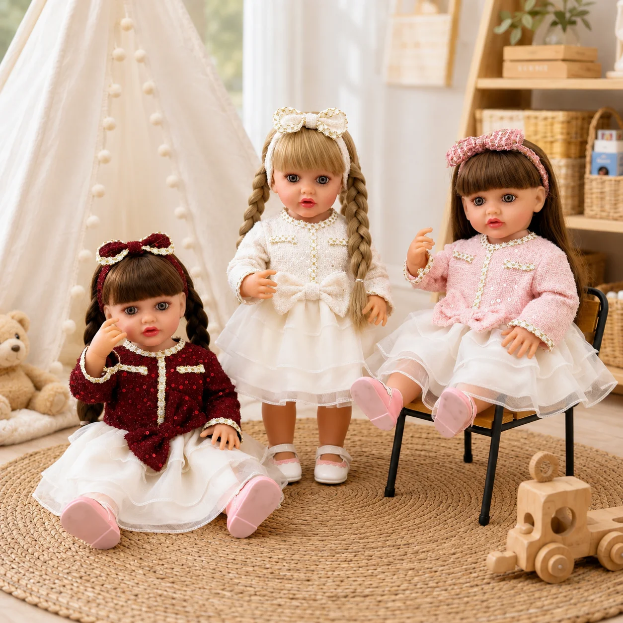 22 Inch 55cm Vinyl Baby Doll with Outfit Set Sequin Tulle Dress Princess Toy Gift Multiple Styles Clothes for American Girl Doll