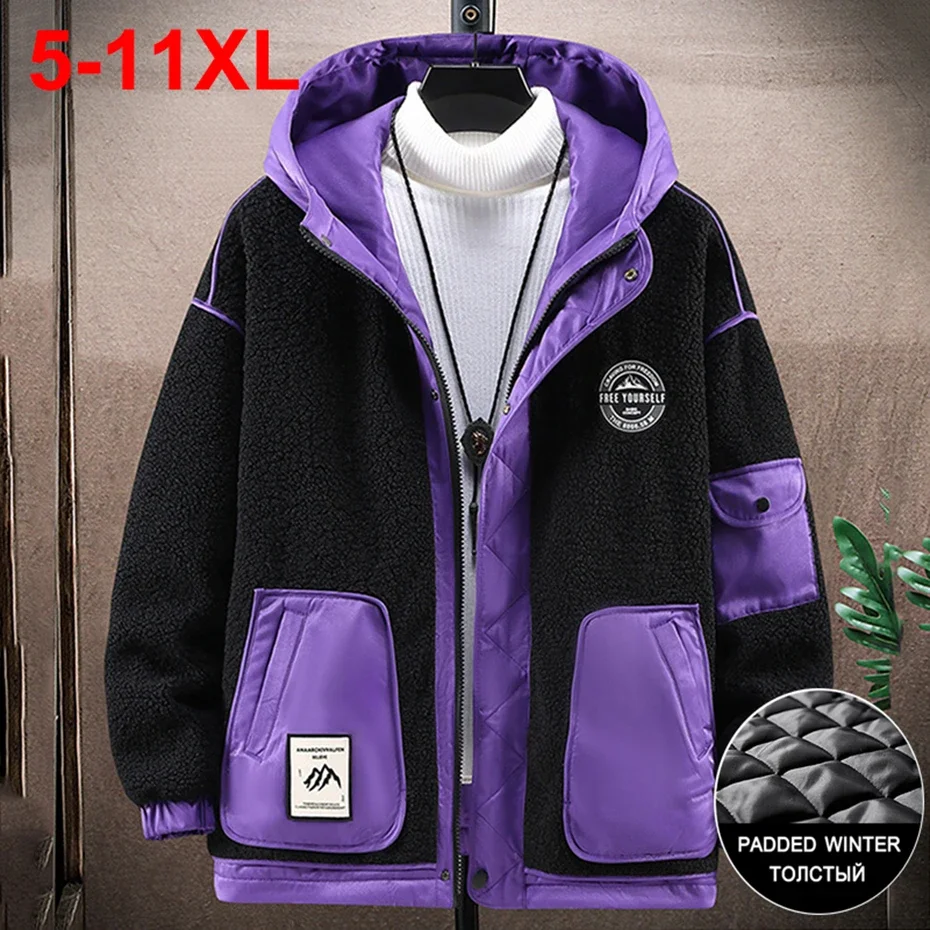 Plus ขนาดฤดูหนาวแจ็คเก็ตผู้ชาย Thicken Warm Parkas Coats 10XL 11XL Lambswool Patchwork Hooded เสื้อแจ็คเก็ตหลวม Casual Outwear