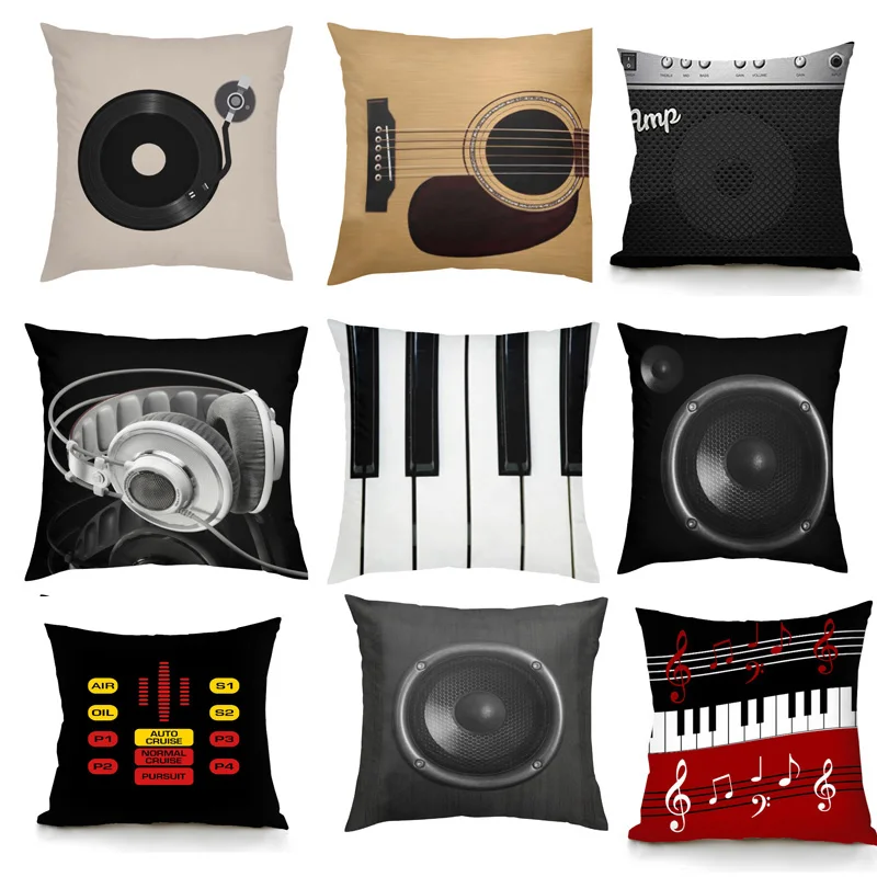 2022 Popular Band Cushion Cover Black Guitar Music Pillow Case Retro Speaker Piano Rock Roll White PillowCase Soft Sofa  Cover