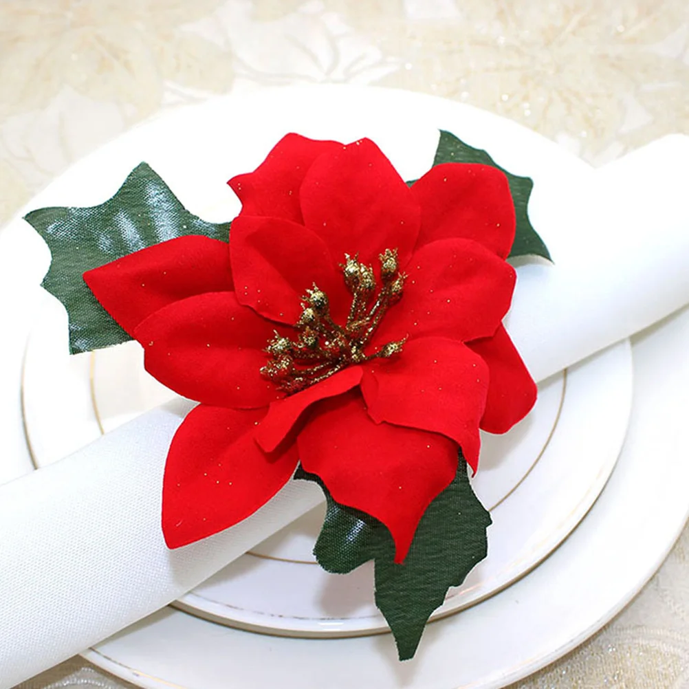 

4Pcs Napkin Rings Christmas Flower Design Decorative Napkin Holder Rings Table Accessories Elegant Table Accessories