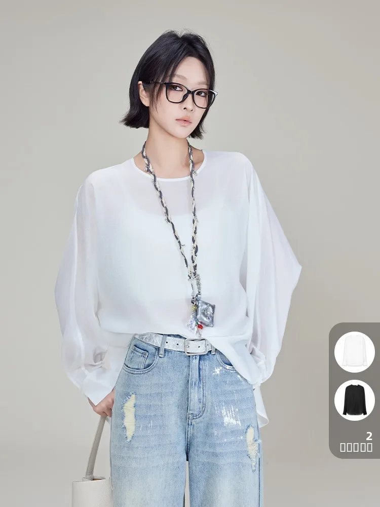 

Шелковая шифоновая футболка MeiYang с длинным рукавом и круглым вырезом, текстурированная, прозрачная, повседневная, женская, летняя, модная, с классическим узором