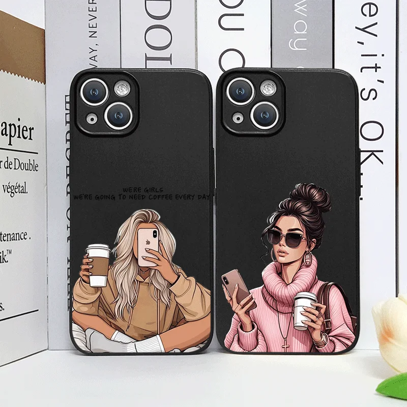 

Fashionable Coffee Girl Phone Case For iPhone 17 16 15 11 12 14 13 Pro Max Mini X XS XR 7 Plus 17E Shockproof Soft Cover Fundas