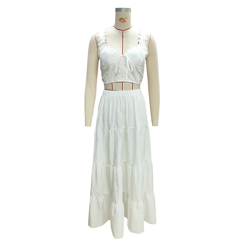 Seksowny komplet: koronkowa bluzka na ramiączkach z odkrytymi ramionami i długa spódnica, elegancki strój damski z wysokim stanem w stylu college, codzienny, bez rękawów, jednolity kolor, zestaw 2-częściowy.