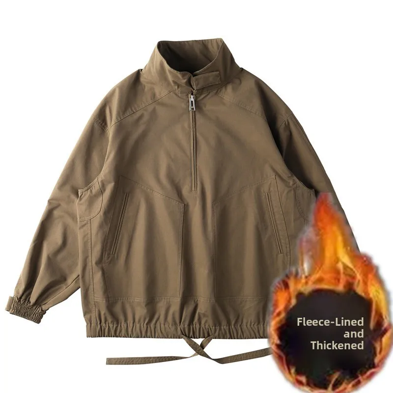 

American Retro Half Zipper Jacket Men's Fleece Lined Thickened Trendy Brand Stand Collar Loose Workwear Jacket Outdoor