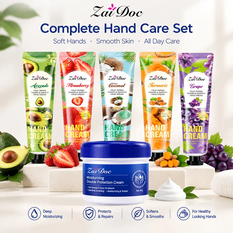 ZaiDoc Muti-Pcs Fruit Series Hand Cream and Foot Care Set Moisturizing Repair Cream for Dry Skin Smoothing Hand Lotion & Foot Balm Kit Daily Skincare Gift Set for Women Men Travel Size