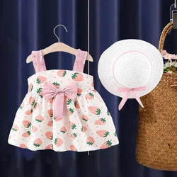 Summer New Girls Dress Halter Lace Pleated Strawberry Print Polka Dot + Hat Two-piece Set Birthday Party (0-3 Years Old Girls)