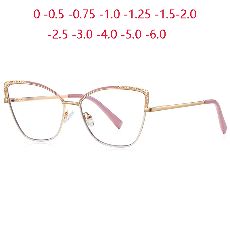 

Metal Hollow Cat Eye Nearsighted Glasses For Women Blue Light Blocker Short-sight Prescription Eyeglasses 0 -0.5 -0.75 To -6.0