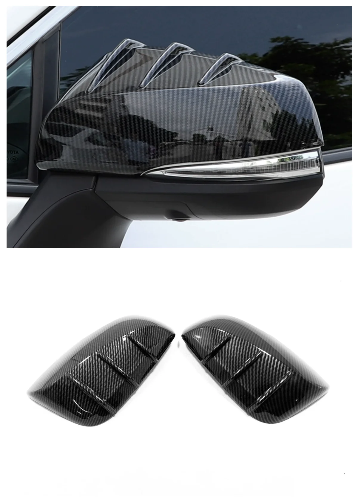 

Suitable for Toyota Velanda 2019 rearview mirror cover ABS decoration Auto Parts carbon fibre Bright black silvery 2 piece set