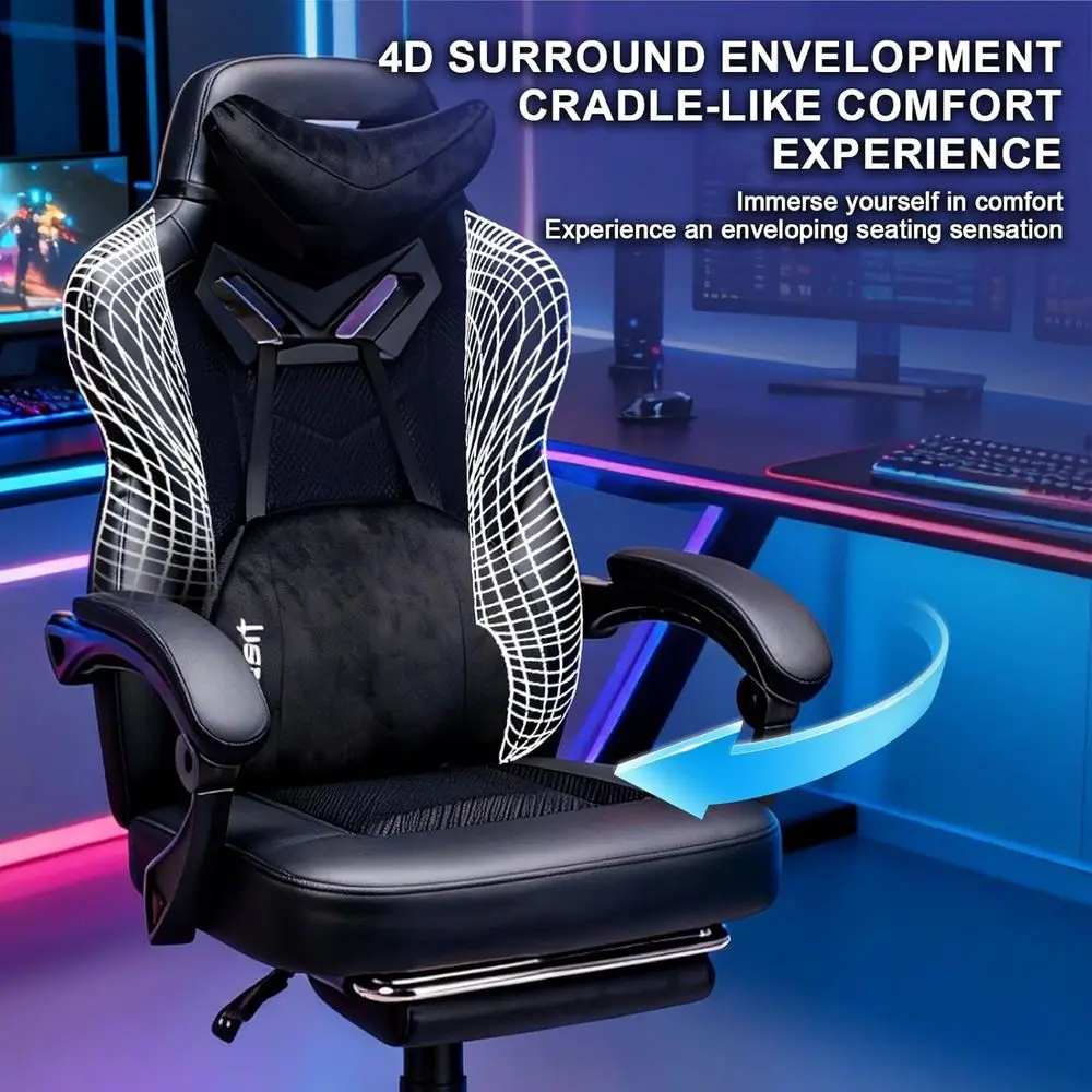 Ergonomic Reclining Office Chair with Footrest and Lumbar Support for Heavy Adults, Cushioned Mesh Gaming Chair (Black) view 4