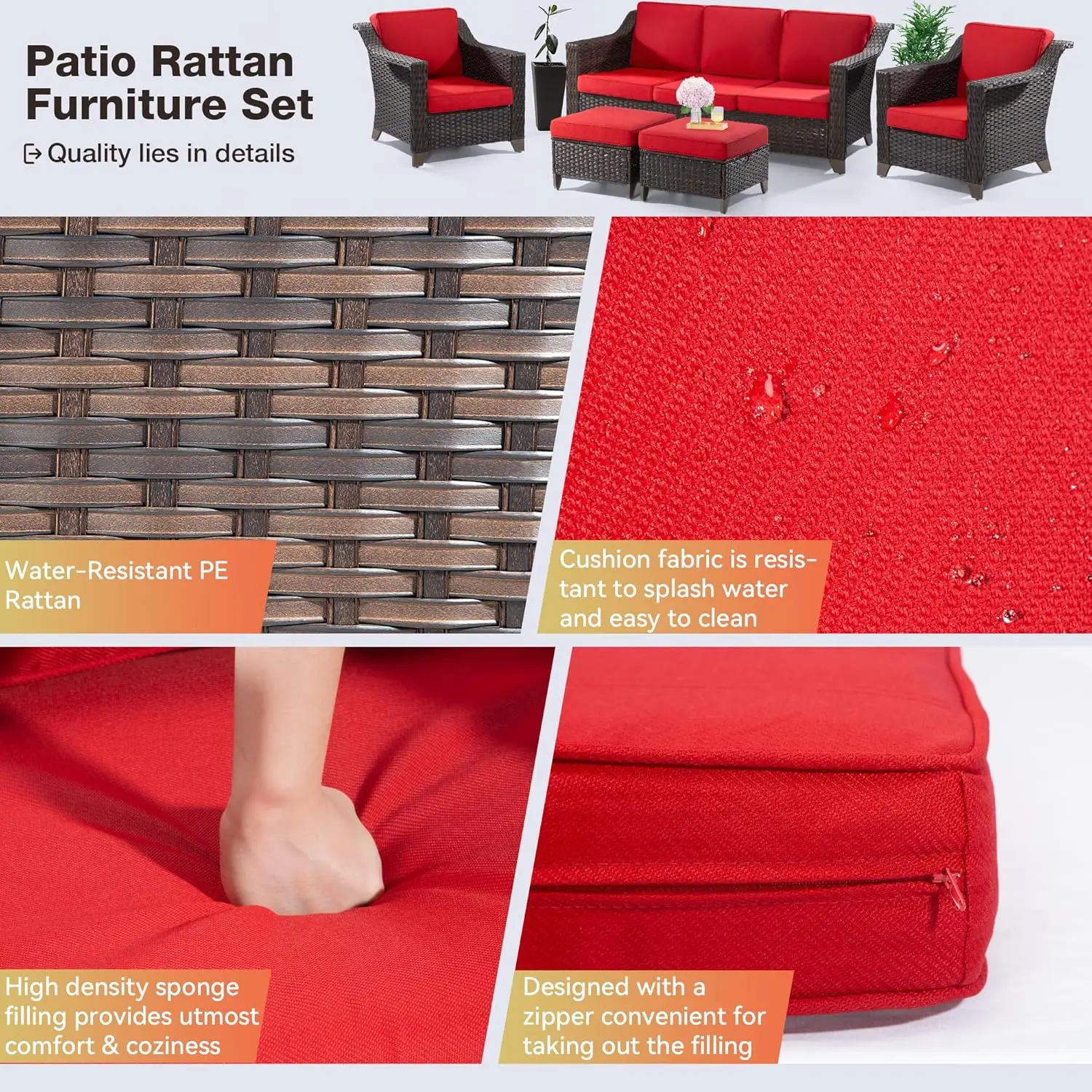 Patio Furniture Set All Weather Outdoor with High Back Wicker Rattan Sofa Couch, Two Armchairs and Two Ottomans