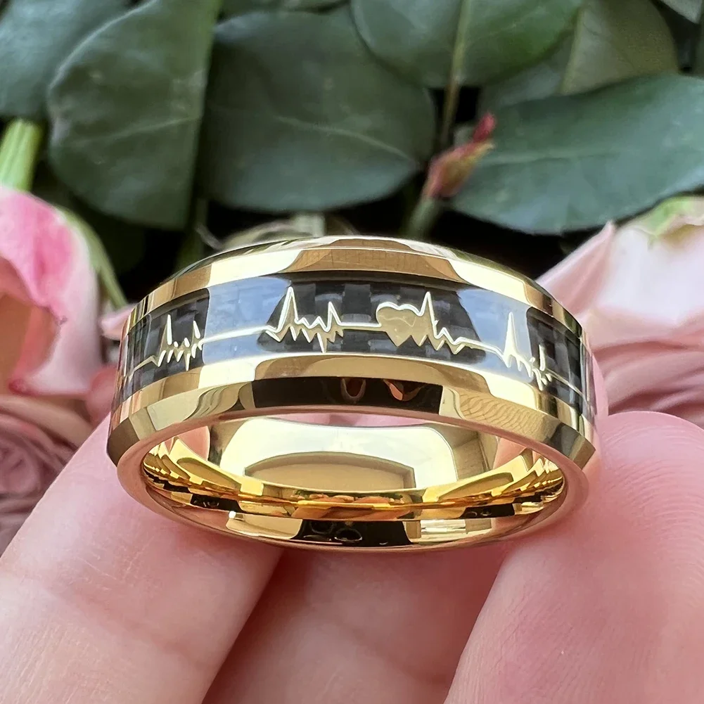 Fashion 8mm Men Gold Carbon Fiber Heart Inlay Tungsten Carbide Engagement Rings Wedding Bands Domed Polished Shiny Comfort Fit