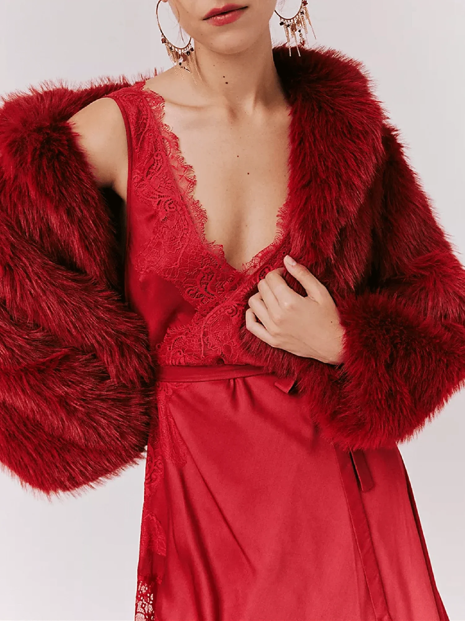 

Women's Lace Patchwork Maxi Wrap Dress With Faux Fur Coat Boho Sexy Deep V Neck
