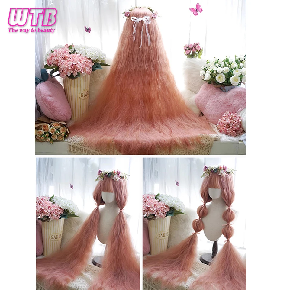 WTB  Synthetic 120cm Long Curly Cosplay Wig with Bangs Pink Blonde Brown Lolita Wig Women Christmas Party Corn Curly Wigs Female