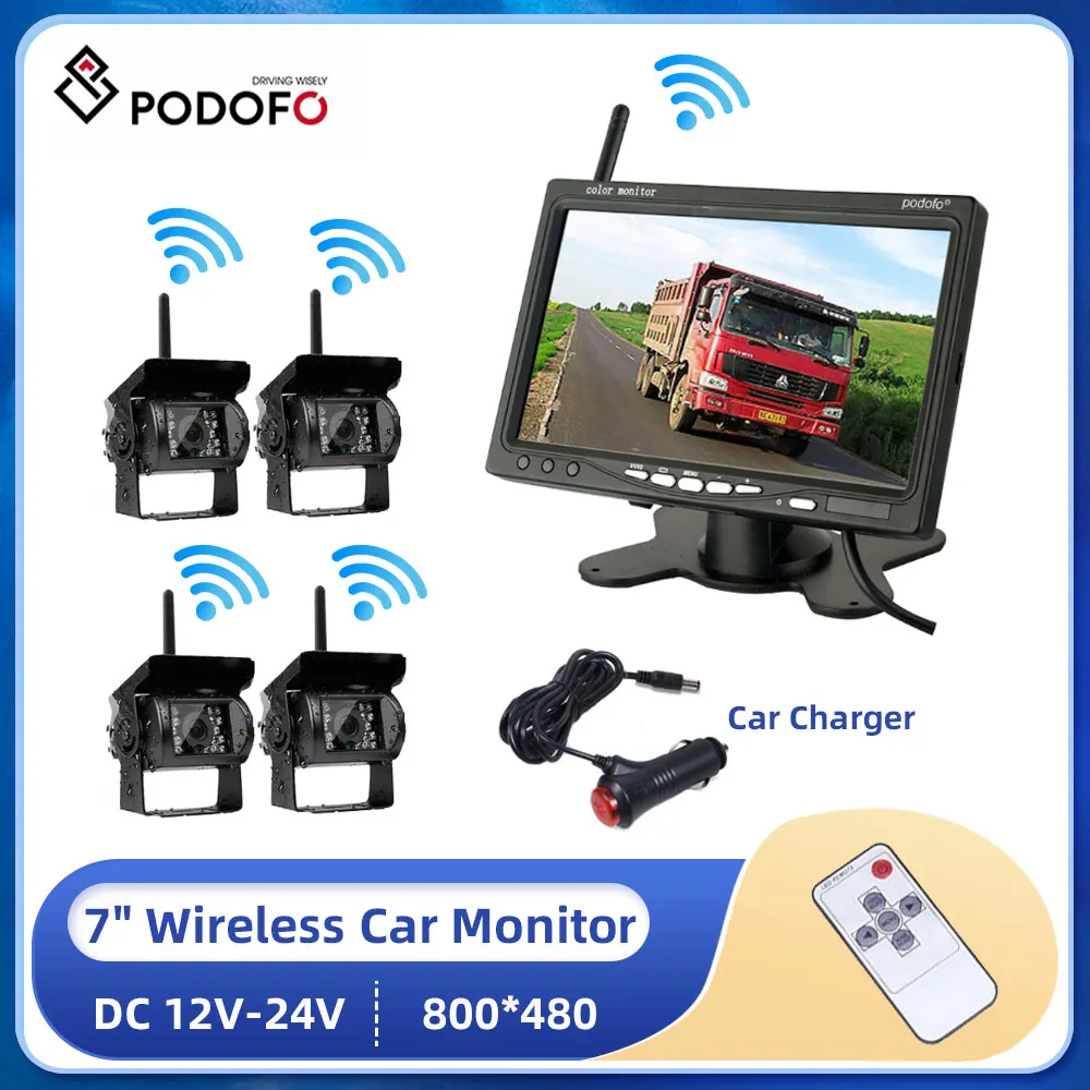 

Podofo Vehicle Wireless Reverse Camera 7" HD TFT LCD Vehicle Backup Rear View Camera Monitor For Trucks Bus RV Trailer Excavator