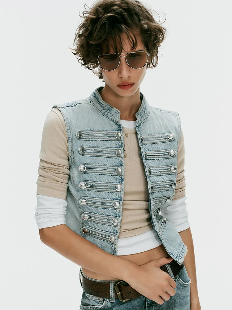 Autumn New Arrival Women's Versatile Sleeveless Stand Collar Button Denim Vest Top Short Length Double Row Buttons