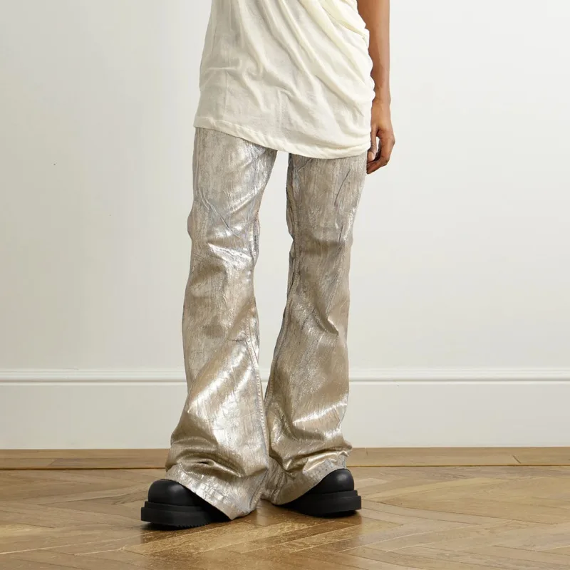 HKSH Spring Autumn Winter New Men Tide Chic Ins Wide-Leg Slim Denim Pants Coated Gold-Embossed Flared Jeans Trendy Vibe HK25574