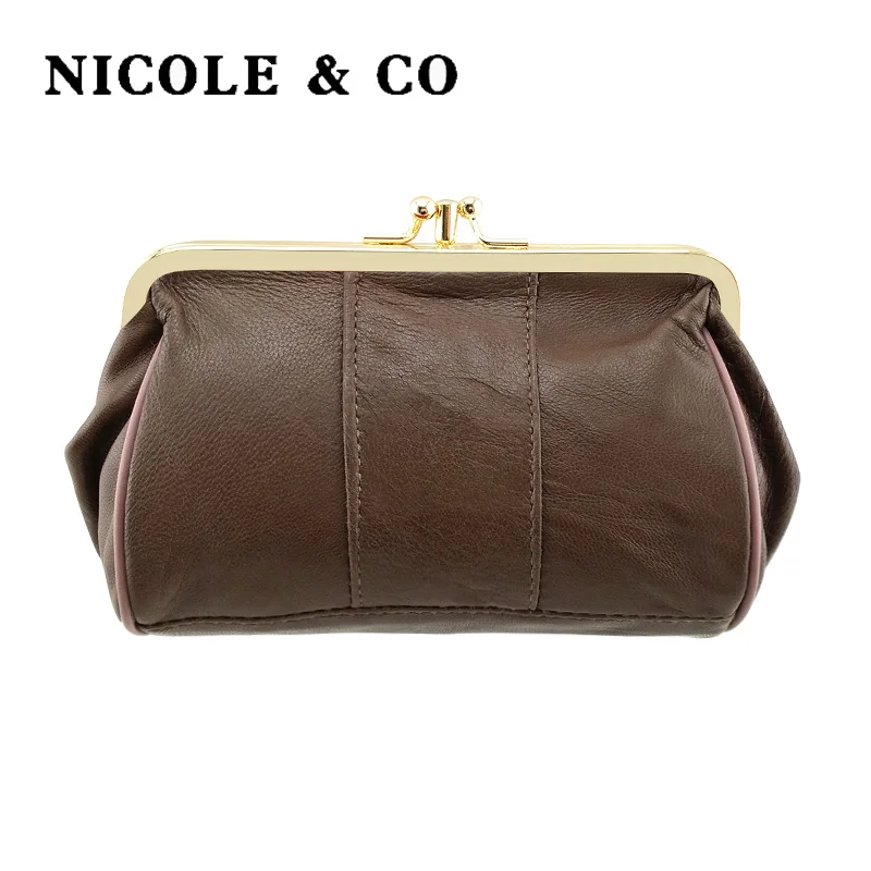 NICOLE & CO-cartera pequeña con cierre de Metal Original para mujer, Mini monedero femenino de piel de oveja auténtica, bolso para cambio de tarjeta