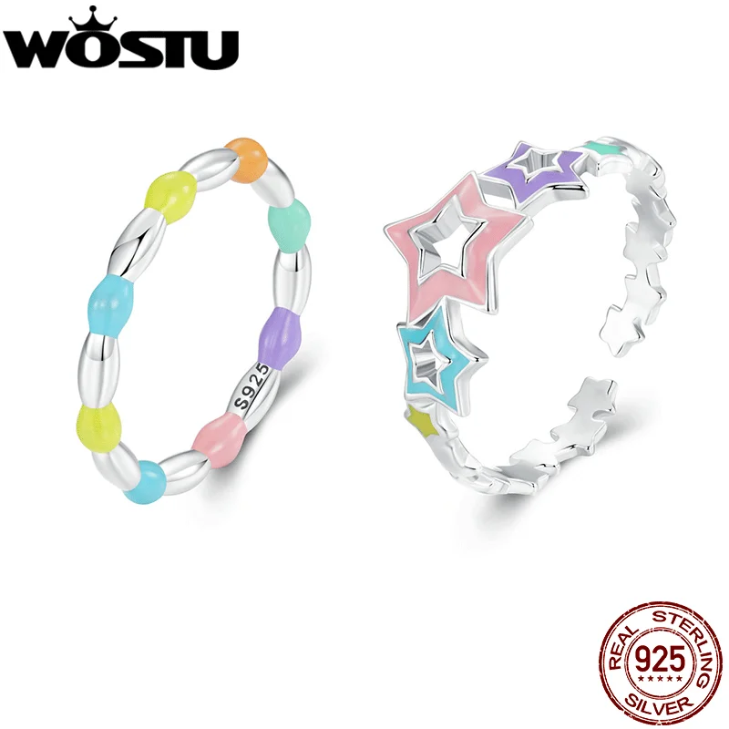 WOSTU 925 Sterling Silver Rainbow Star Opening Ring Coloful Beads Party Rings For Women  Candy Color Girl Birthday Jewelry Gift