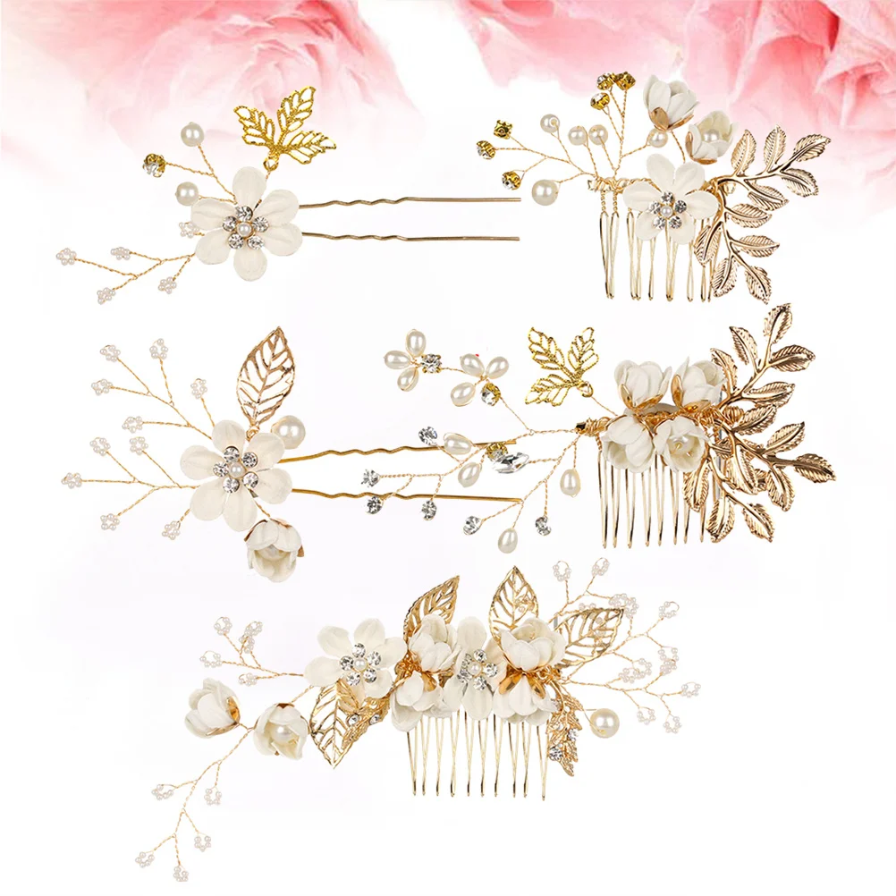 

5pcs Pearl Hair Comb Bridal Jewelry Crystal Beads Hollow Leaf Wedding Hairpin Set For Bride Bridesmaid Party Prom