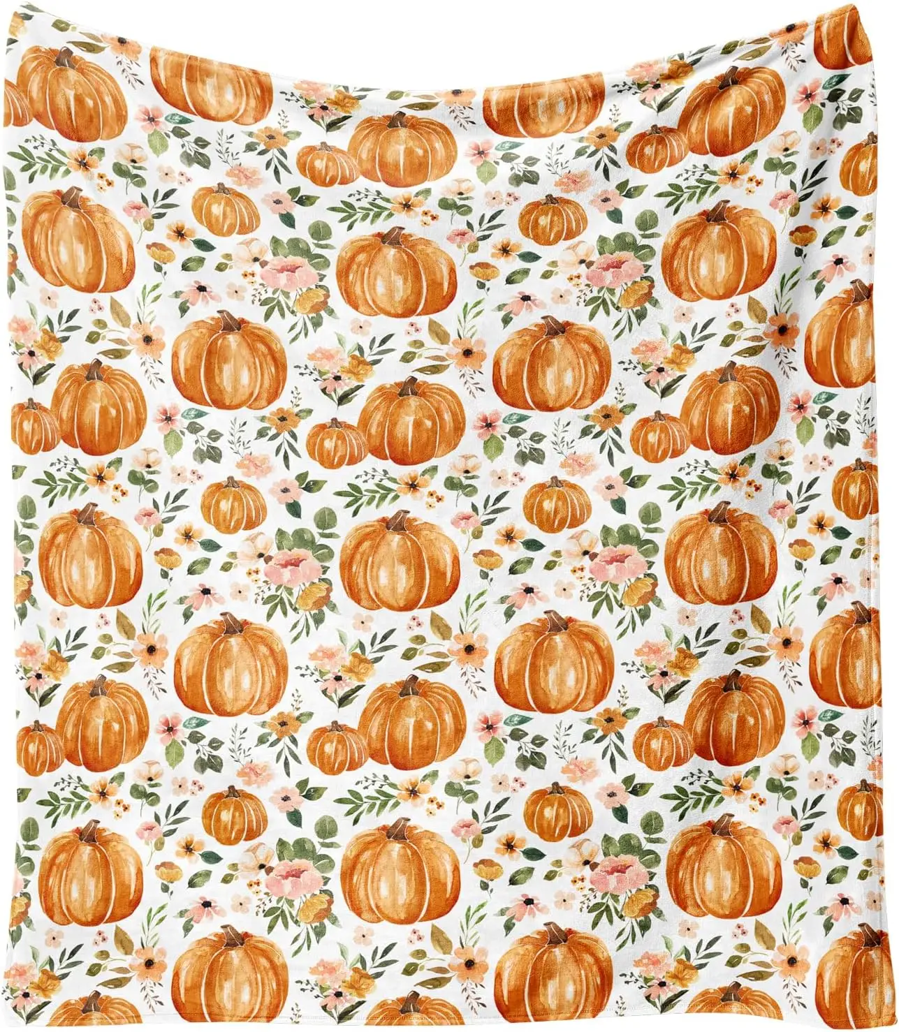 Yiyhuxf Autumn Thanksgiving Blanket, Orange Pumpkin Pink Flower Farmhouse Style Blanket, Thanksgiving Autumn Flannel Blanket, suitable for home living room sofa, bed, chair or dormitory decoration, 60inchx50inch: Home and Kitchen