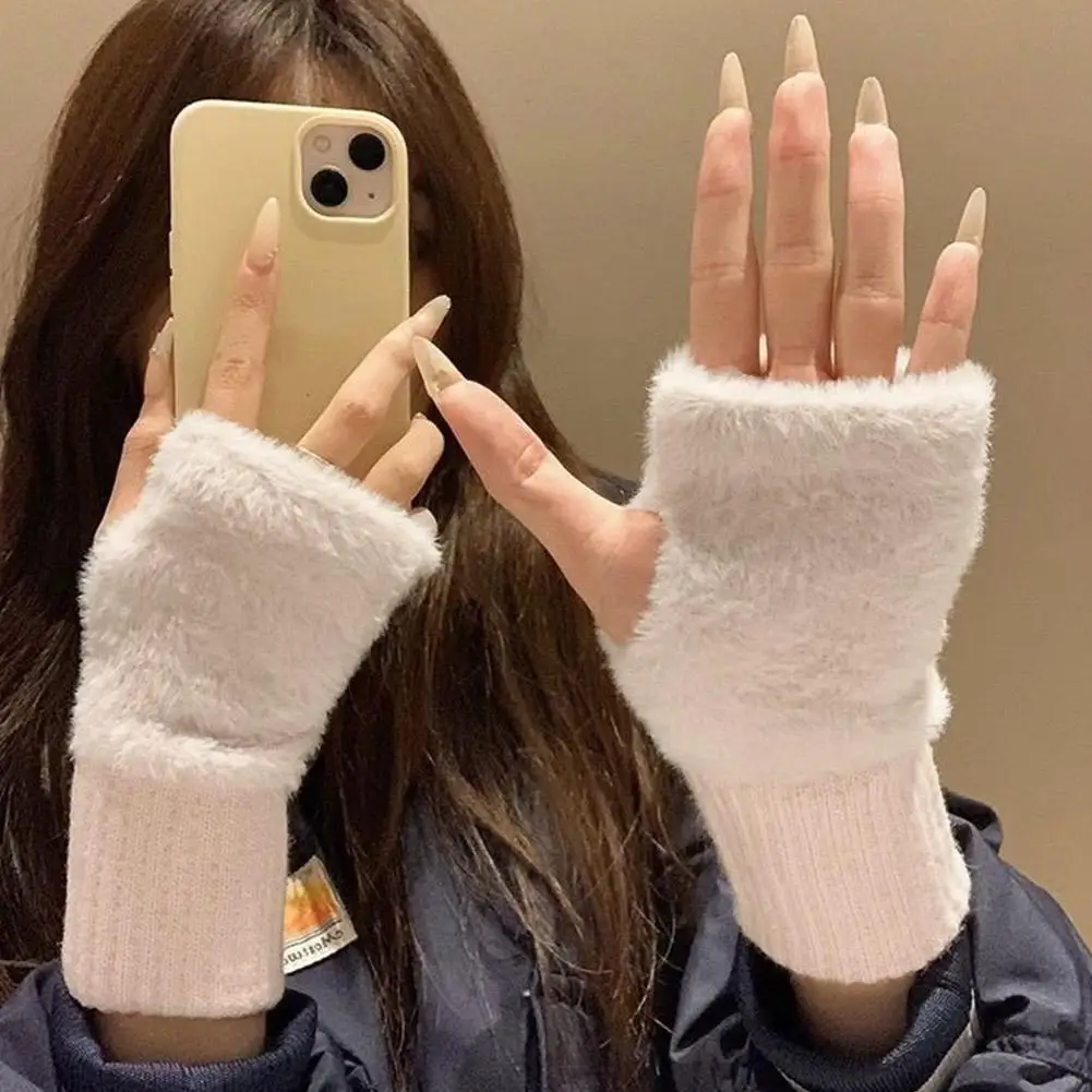 Women's Winter Touch Screen Plush Gloves Warm Thick Velvet Half Cut Handwriting Knitted Wristband Cover