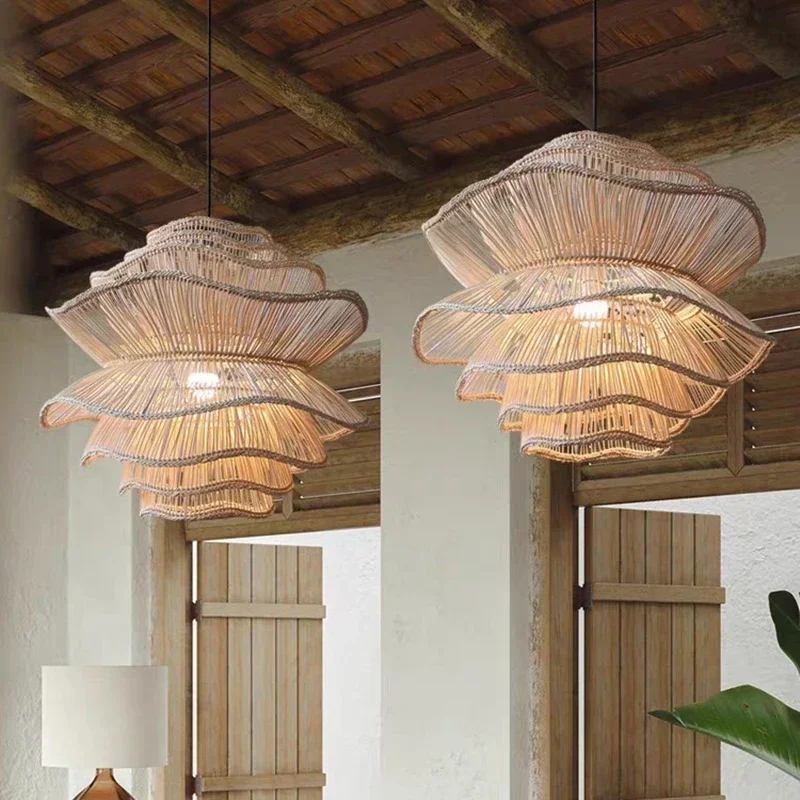 Japanese Vintage Rattan Pendant Lamp Wabi Sabi Wicker Pendant Lamp for Dining Room Living Room Restaurant Bamboo Hanging Lamp