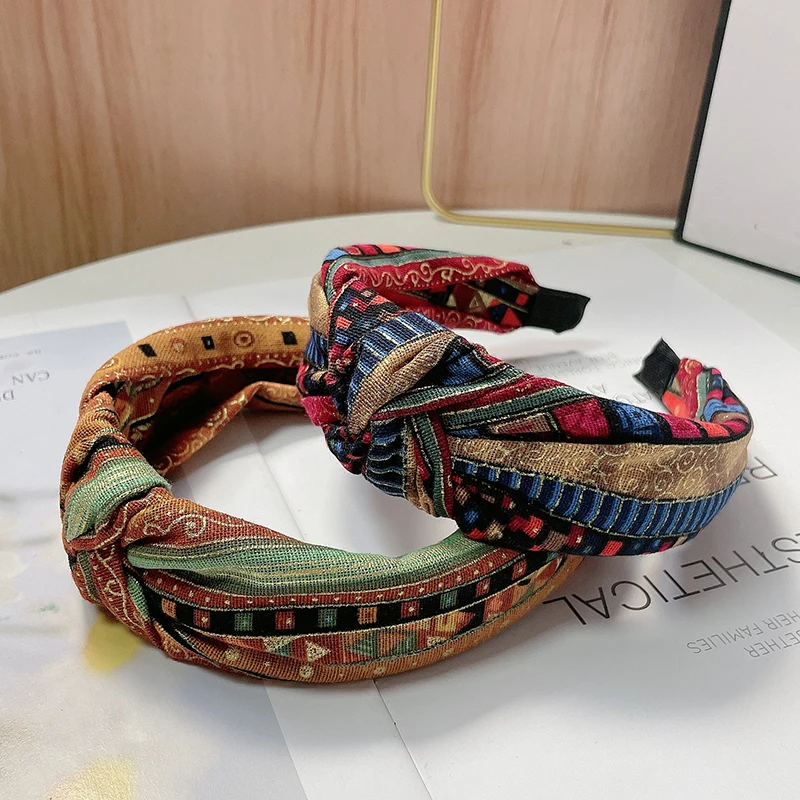 Ethnic Style Wide Edge Knot Printed Fabric Hairhoop Hairband For Women\'s High-End Fashion And Versatile Color Contrast Headband