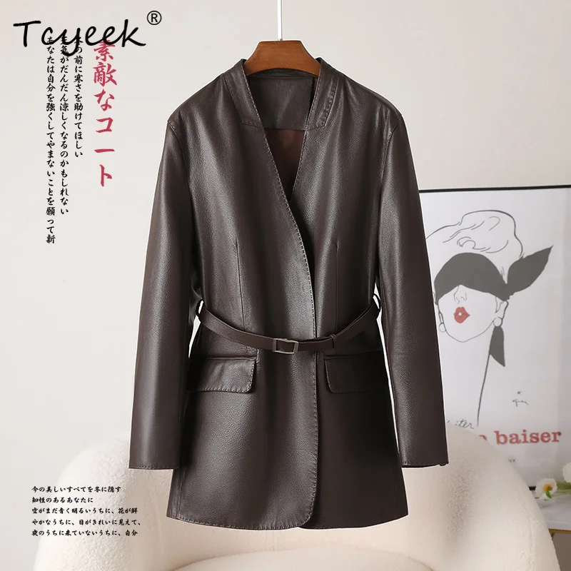 Tcyeek トップレイヤーシープスキン春秋 V ネックミディアム丈痩身女性の本革ジャケット
