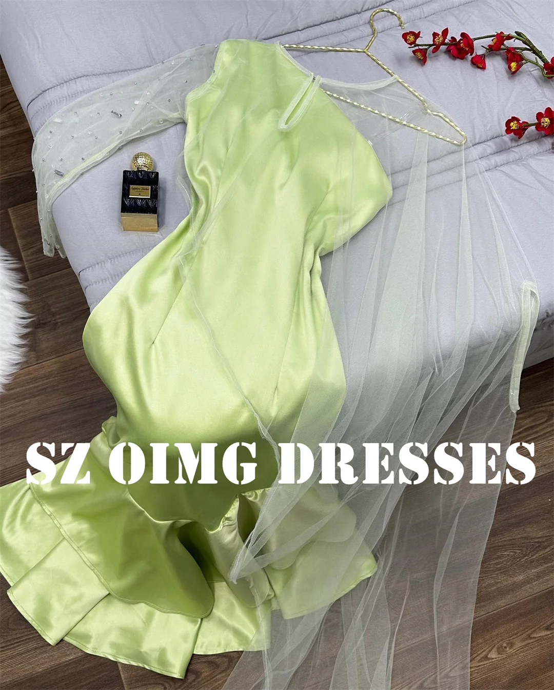 OIMG-vestido de noche verde de un hombro para mujer, traje de graduación de lujo, estilo árabe, escalonado, sirena, Espalda descubierta, Formal, nuevo diseño