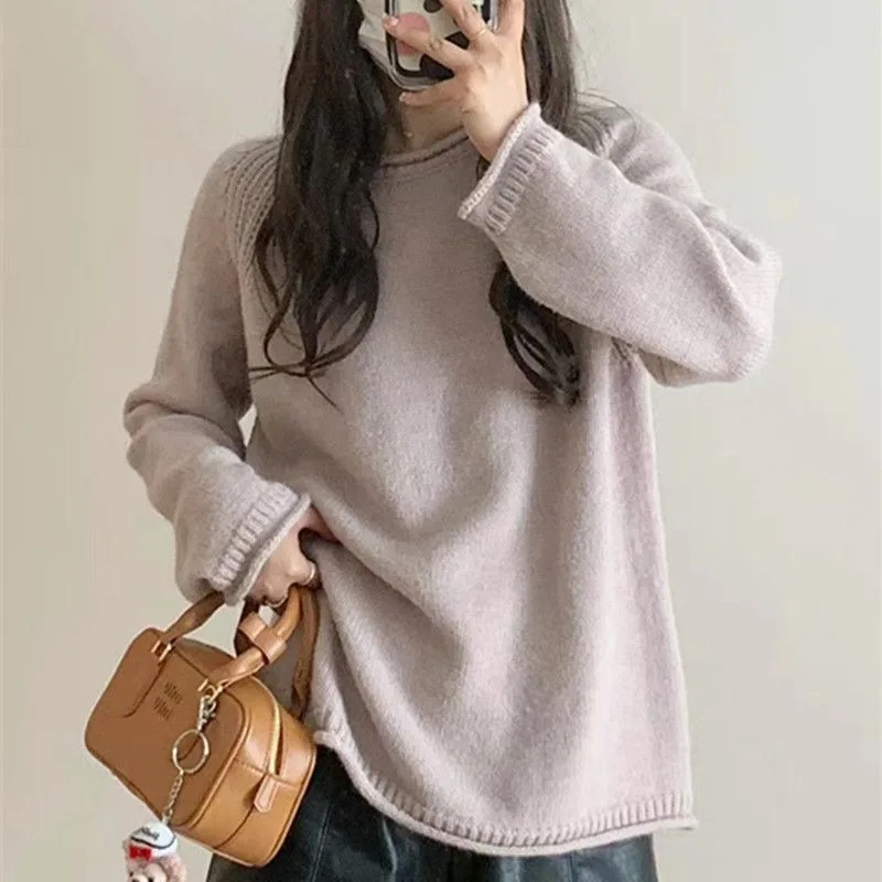 

Осень-зима, новый однотонный пуловер в стиле ретро с закатанными краями, свободный свитер с рукавами реглан и круглым вырезом для женщин