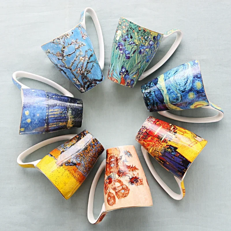 New Style Van Gogh  Blue Starry Sunflower Flower  Mug Art Paintings Ceramic Bone China  Mugs Coffee Cups Tumbler Cup