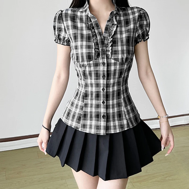 

2025 Ruched V-neck Plaid Blouse Women Korean Style Button-up Short Sleeve Top Sweet Slimming Shirts Elegant Streetwear Y2k