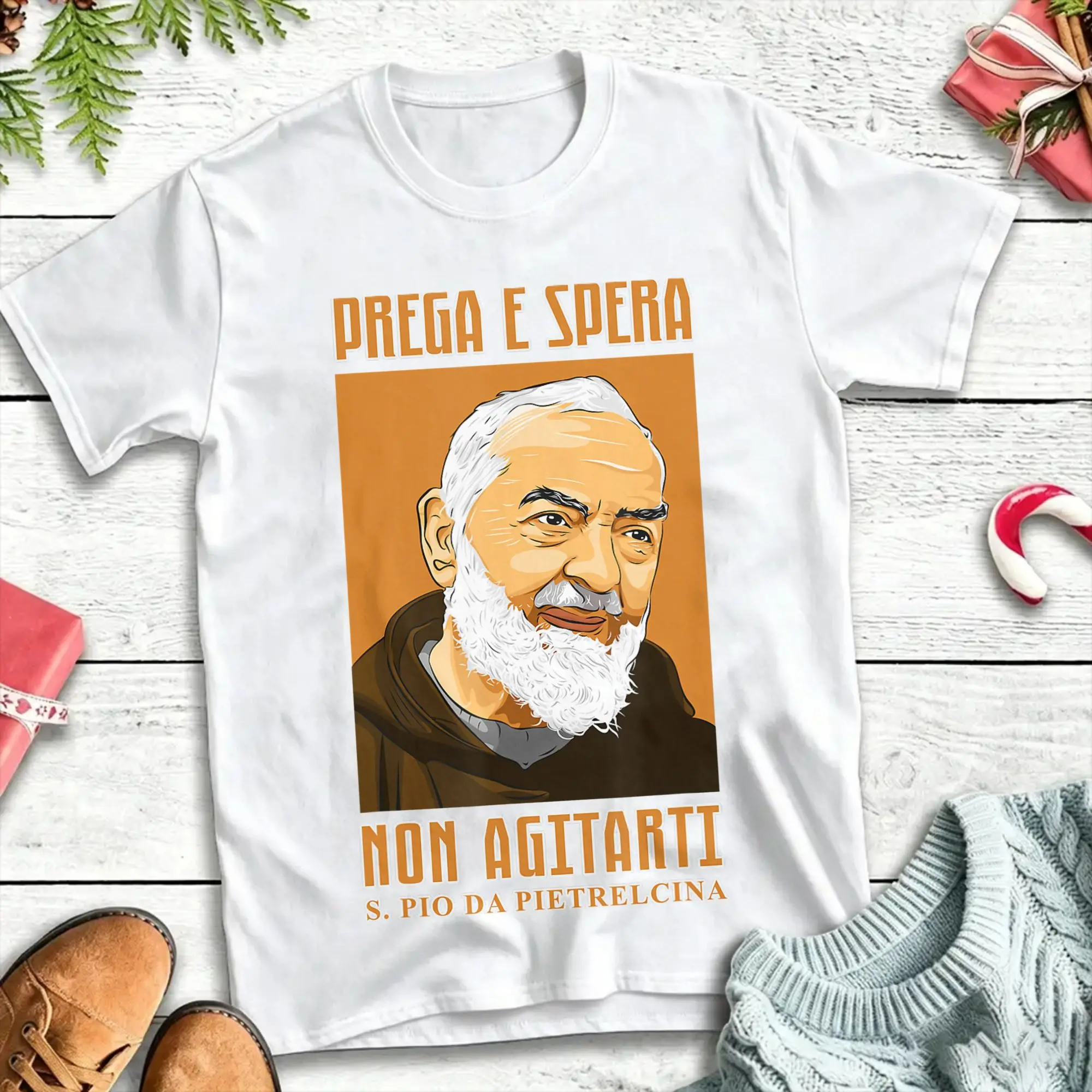 St. Padre Pio- Pray hope and dont worry Hipster T Shirts  Cotton Tshirt for Men's Y2K Retro Loose Short Sleeve Tees