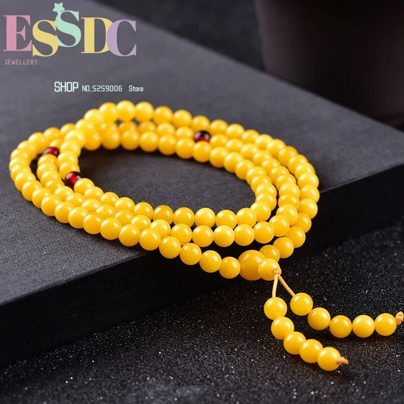 Tibetan 8mm Yellow Beeswax Beads Bracelet or Necklace 4 Circle Wrap  for Men or Women 108 Strand Mala Meditation Jewelry