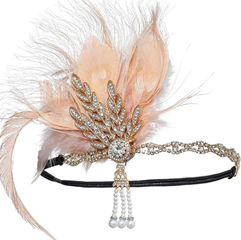 2024 New Peacock Feather Headband 1920s Flapeer Girl Headpiece with Rhinestone Tassel Vintage Party Photography Hair Accessories