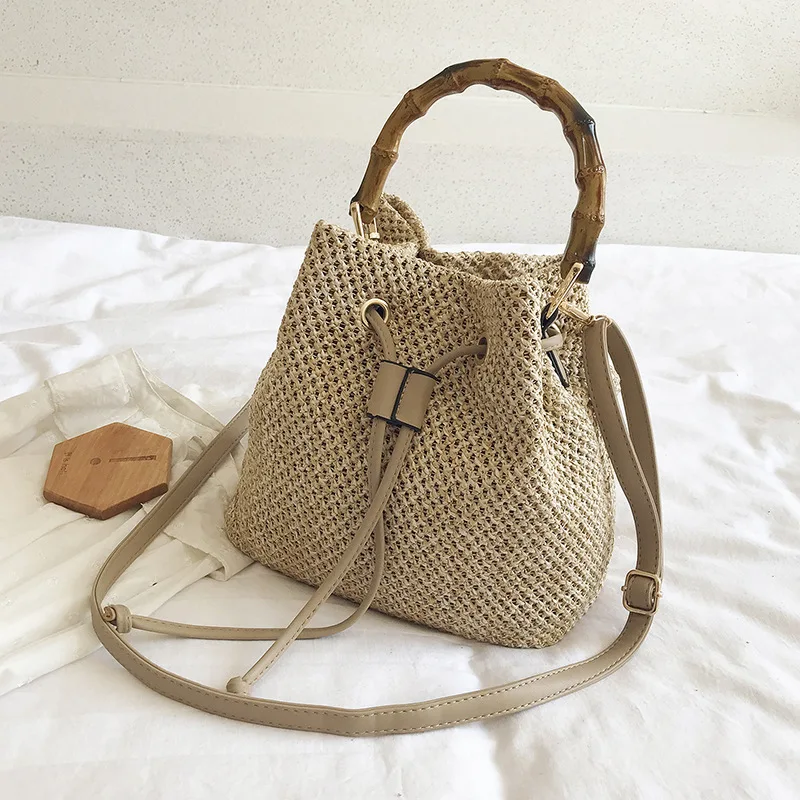 Women Drawstring Straw Bucket Bag Female Summer Handmade Woven Shoulder Messenger Bags Ladies Shopping Purse Beach Bags Handbags