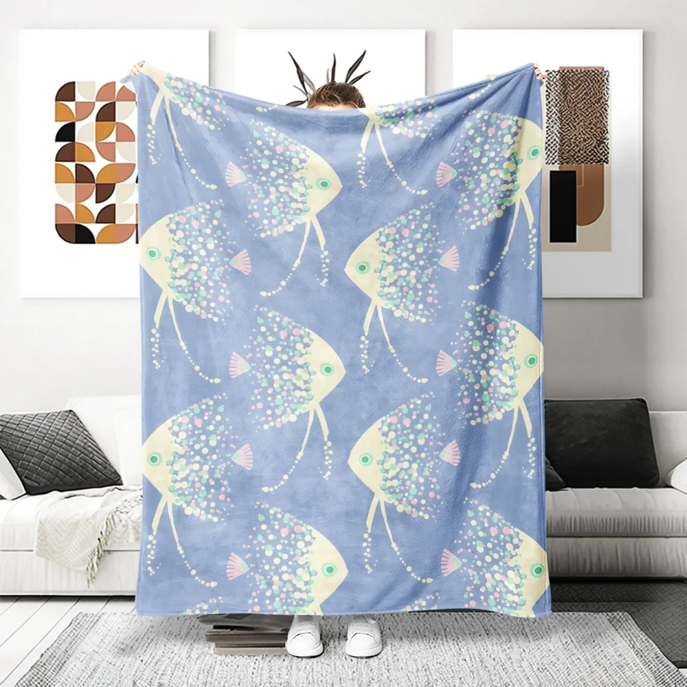 Blue Angelfish Dots Flannel Blanket Warm Soft Halloween Christmas Decorative Couch Warm Cozy All-Season Gift