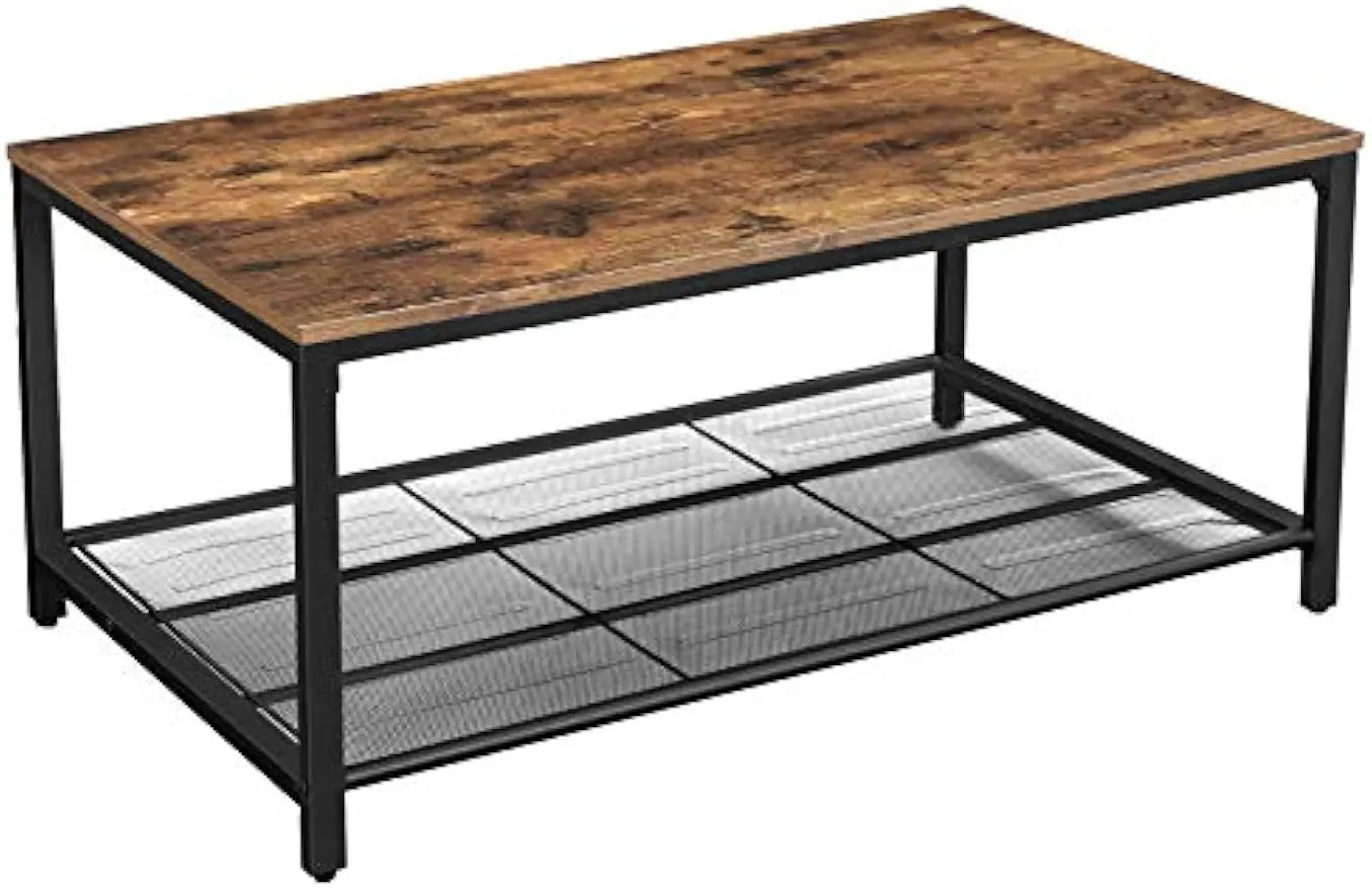 Coffee Table, Living Room Table with Dense Mesh Storage Shelf, Cocktail Table, Easy Assembly, Stable, Industrial Design