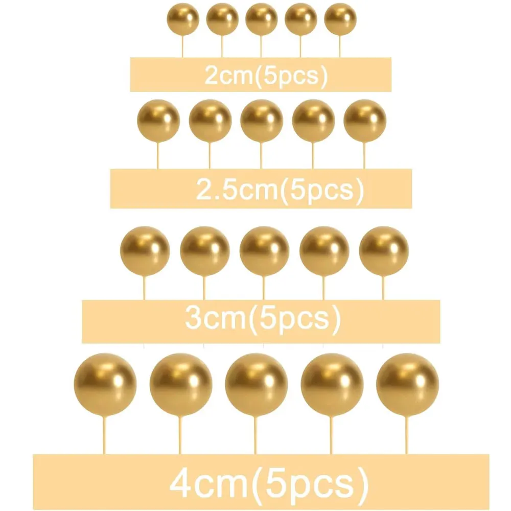 20Pcs Metal Gold Balls Cake Toppers 4 Size 2-4cm Gold Cake Foam Balls for Birthday Graduation Wedding Cupcake Cake Decorations