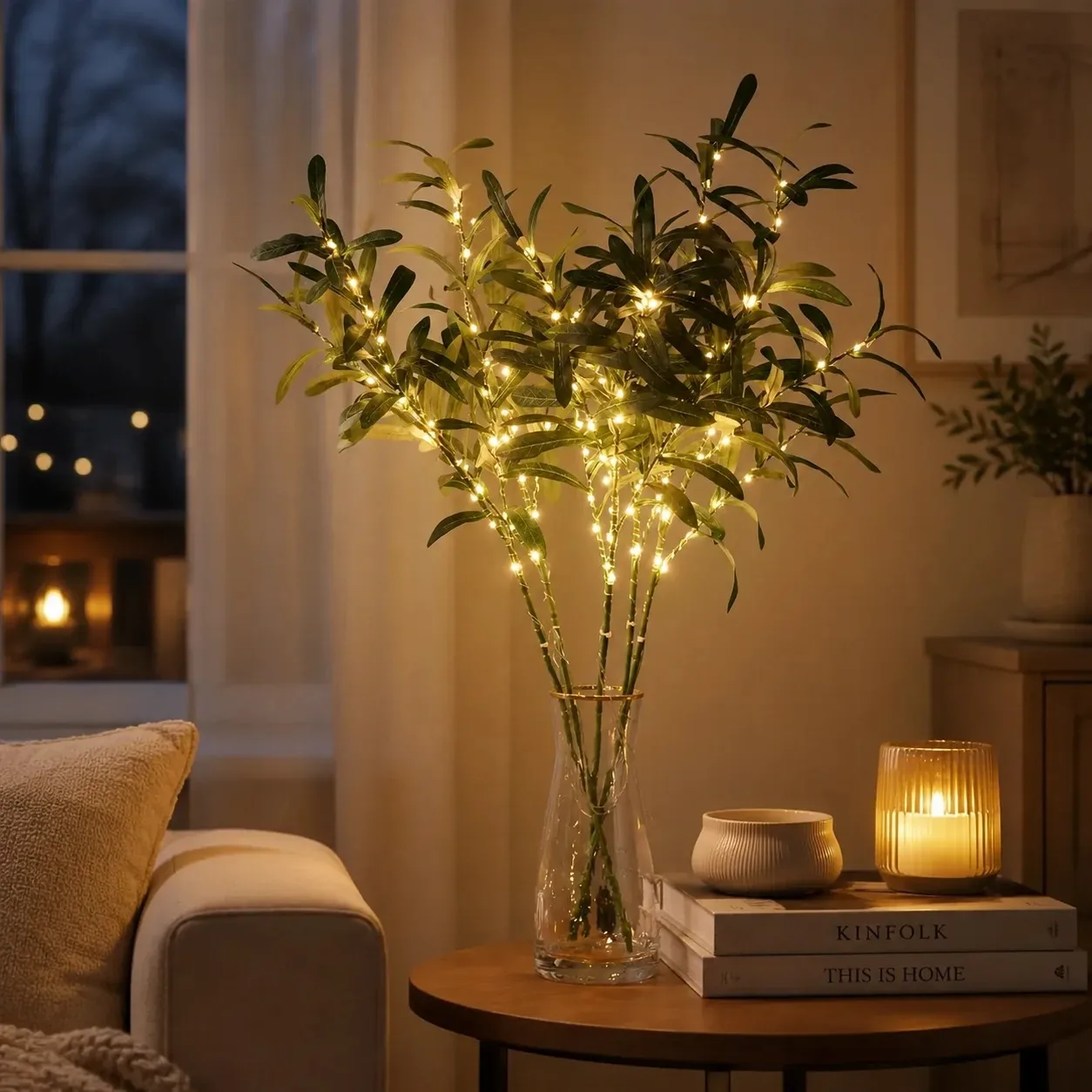 Artificial Olive Branch LED Lights Battery Powered Plant Lamp Home Bedroom Cafe Table Decor Night Light