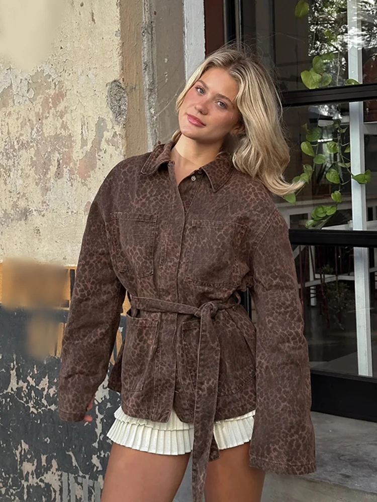 

TRAFZA Female Chic Jackets Leopard Turn Down Collar Long Sleeves Bow Lace-Up Decoration Single Breasted Autumn Coat Woman Trendy