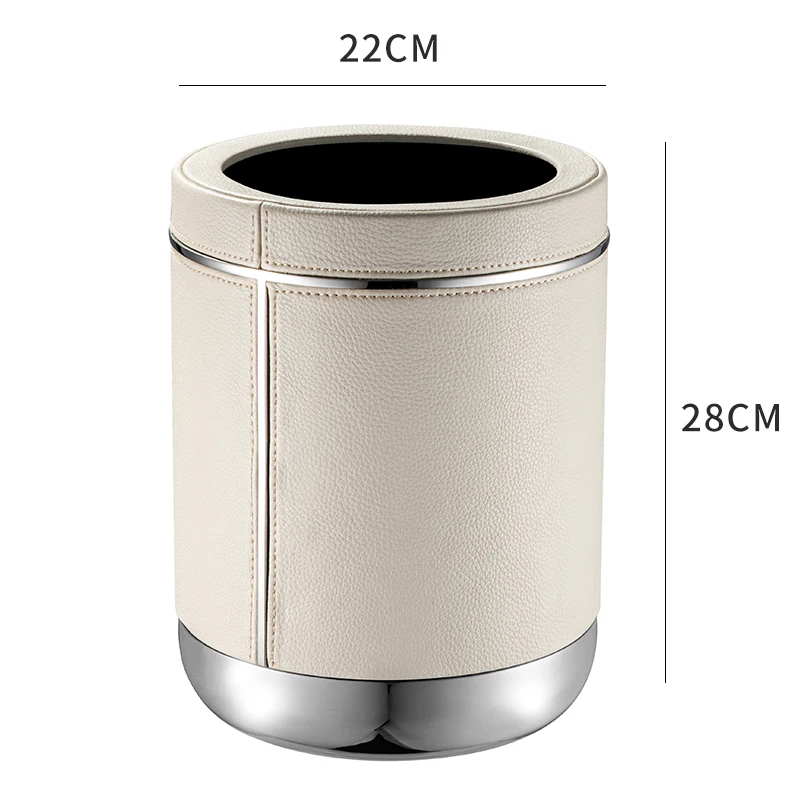 

Stainless Steel & Leather Trash Can Round Office Waste Basket Decorative Luxury Garbage Bin for Living Room Hotel Display Bucket