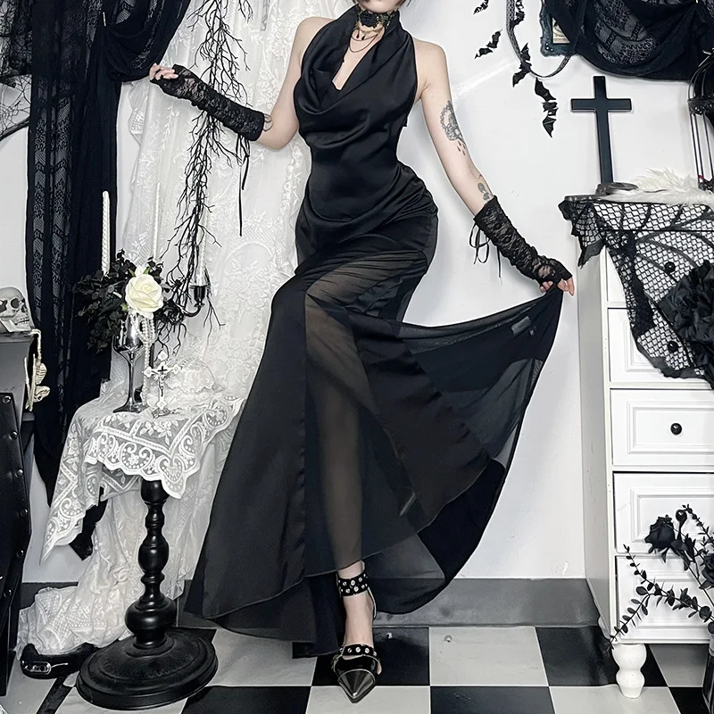 Goth Dark Mall Goth Solid Halter Abito lungo Hot Sexy Backless Bodycon Party Gwon Y2K Grunge Mesh Stitch Hem Abiti lunghi Donna