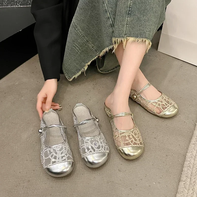 Women's Shoes 2024 Outdoor Closed Toe Women's Slippers Breathable Casual Slippers Women's Sparkling Mesh Sole Flat Shoes Women