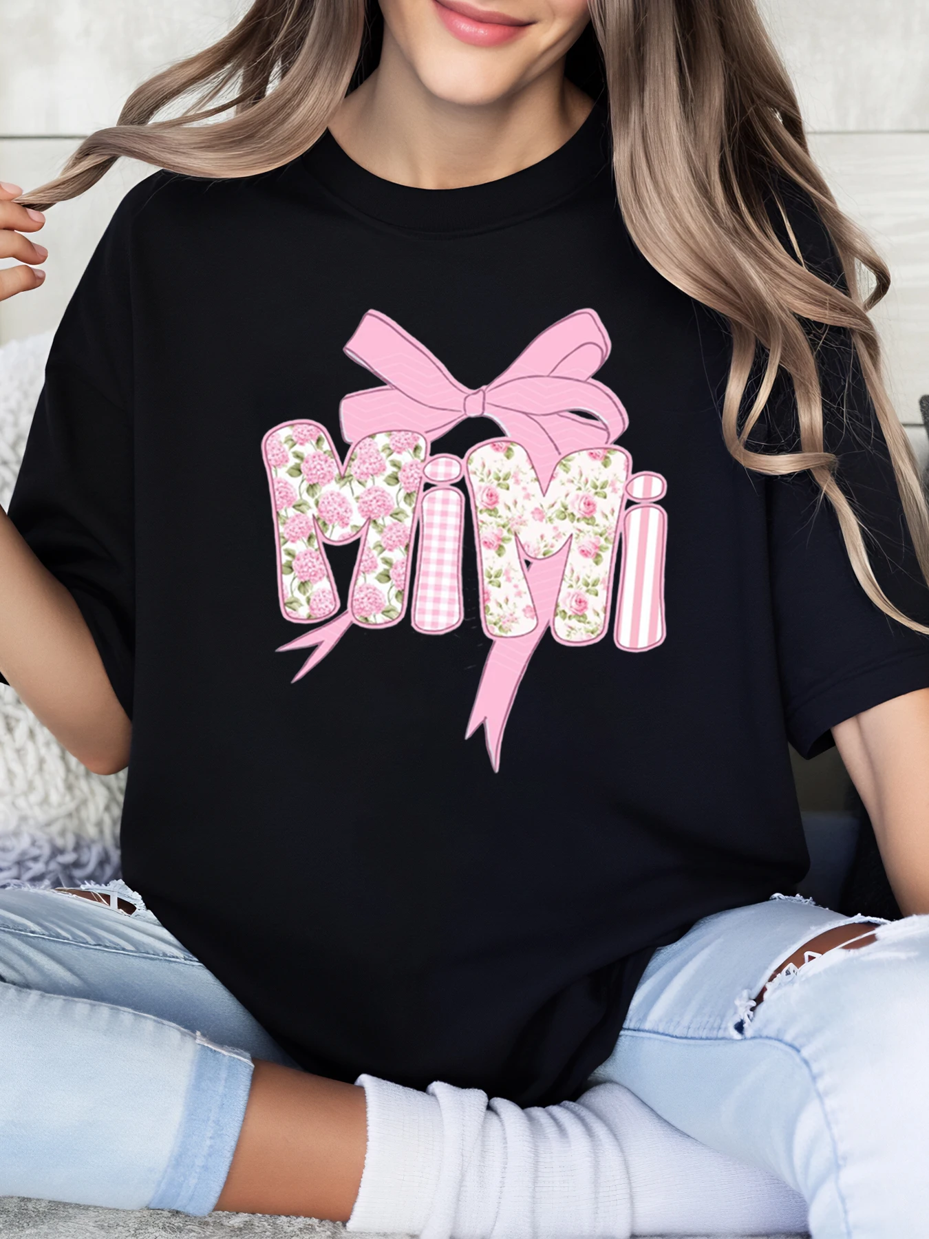 Floral Bow Mimi Print t Shirt Mother's Day Casual Top Women's Daily Wear Black Plus-Size