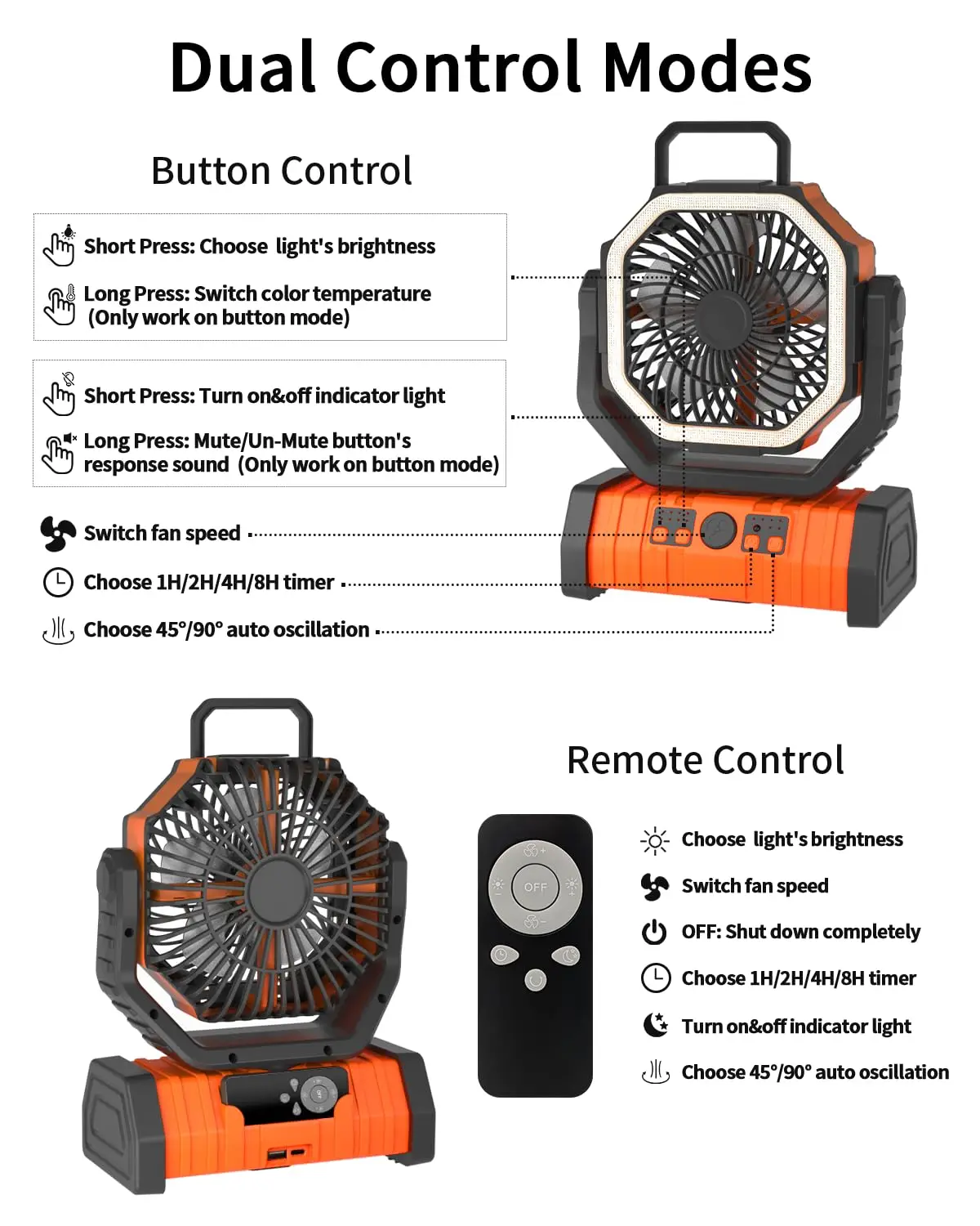 Outdoor 20000 mAh Rechargeable Tent Camping Fan with LED Hook,8 inch Remote Timer USB Portable Battery Operated Fan