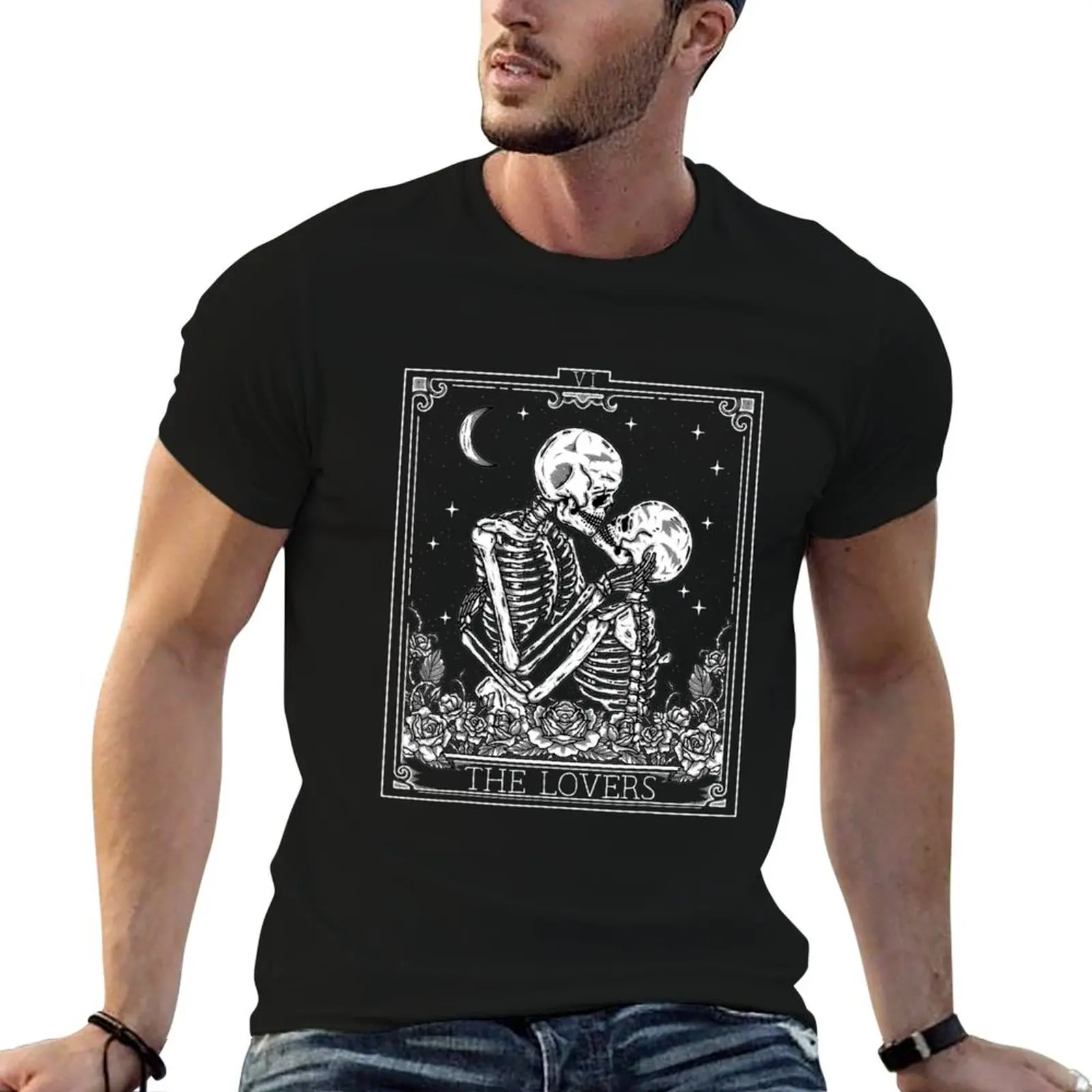 The Lovers Vintage Tarot Card Astrology Skull Horror Occult T-Shirt cotton graphic tees blacks shirts graphic tee men